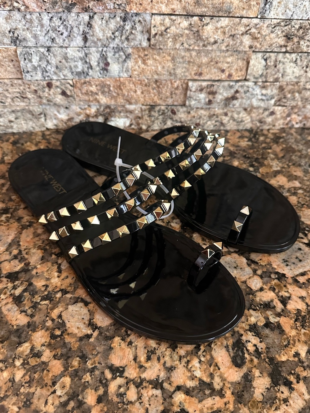 NINE WEST Women's Cartee Black Slide Studded Toe Ring Sandal